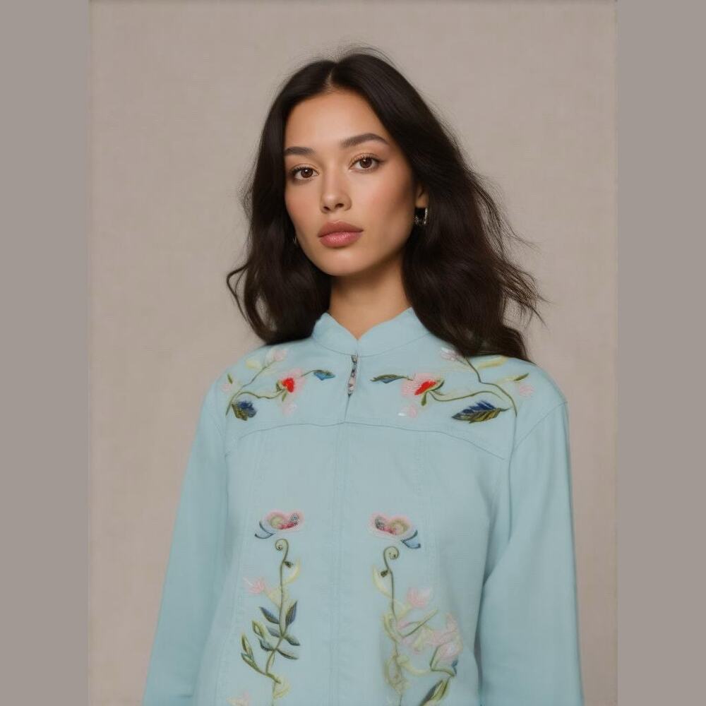 Quacker Factory Aqua Blue Floral Multicolor Embroidery Mock Neck Jacket Women 1X